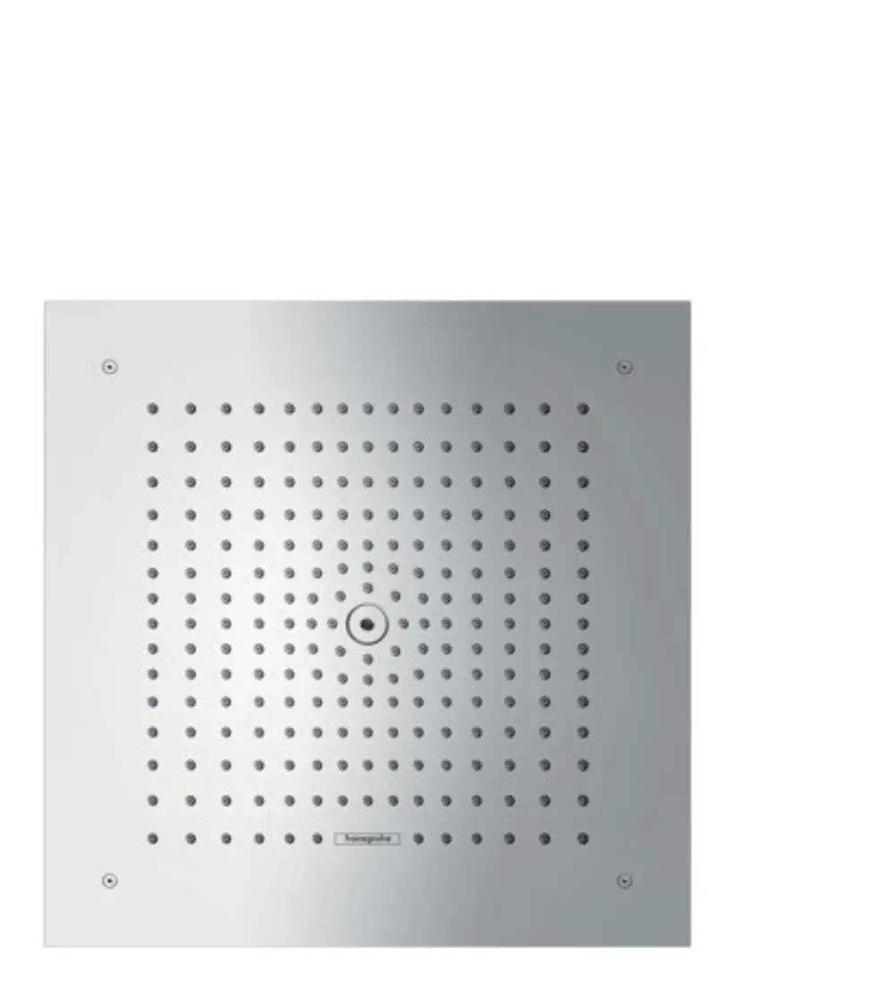 Eckige Kopfbrause in Chrom-Optik mit gleichmäßig verteilten Wasserdurchlässen, hergestellt von Hansgrohe, zur Deckenmontage geeignet.